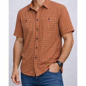 PATAGONIA • Rust Orange Plaid Hemp/Cotton Button-Down Short Sleeve Shirt, M